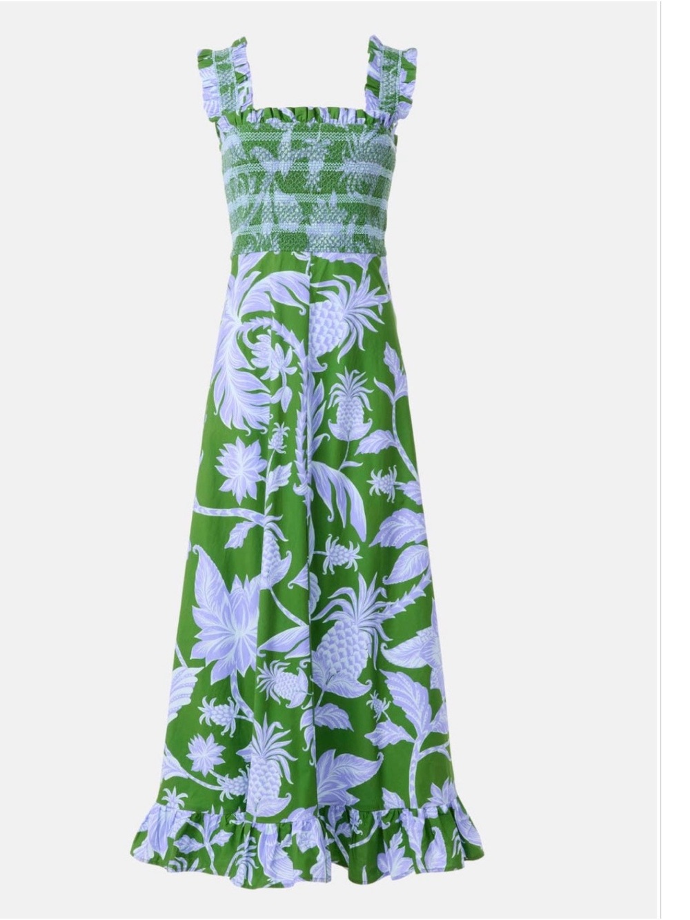 FARM Rio Green and Lavender Printed Smocked Midi Dress
